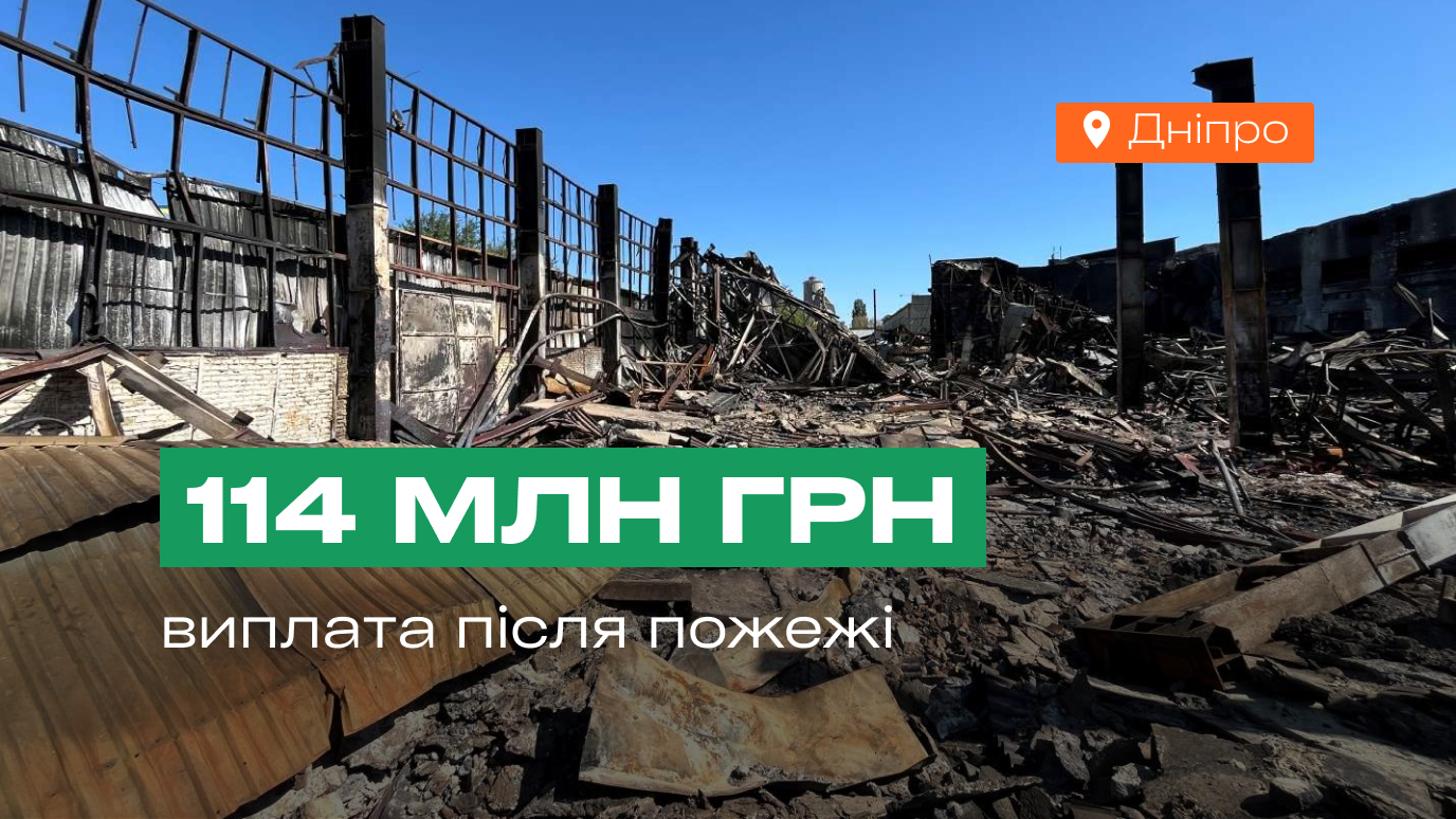 Зруйнована пожежею промислова будівля у Дніпрі — страхова виплата 114 млн грн після масштабних збитків.