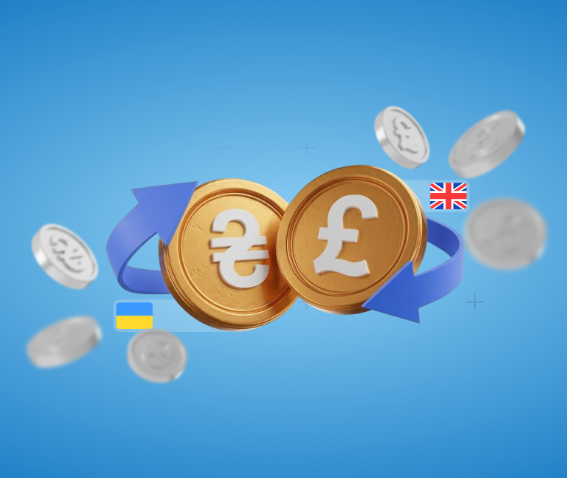 Схематичное изображение монет гривны и фунта стерлингов с синими стрелками и государственными флагами Украины и Великобритании на голубом фоне