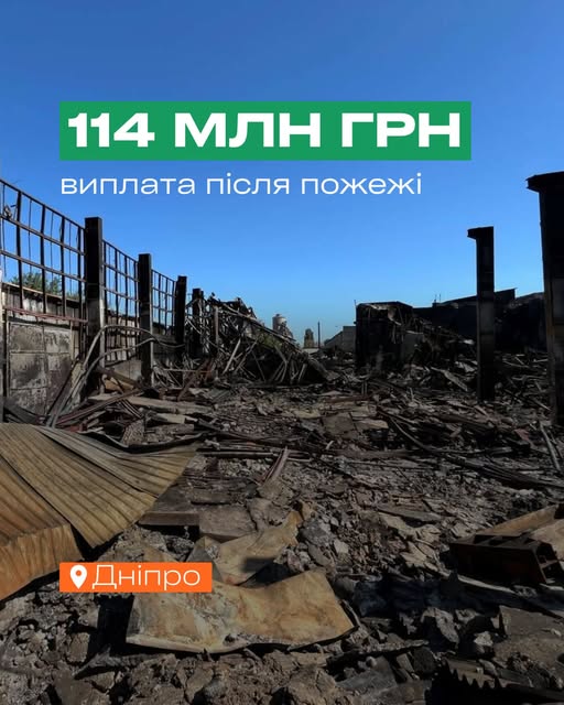 Зруйнована пожежею промислова будівля у Дніпрі — страхова виплата 114 млн грн після масштабних збитків.