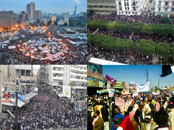 Массовые выступления в арабский странах. (По часовой стрелке с левого верхнего угла: Египет, Тунис, Йемен и Сирия)