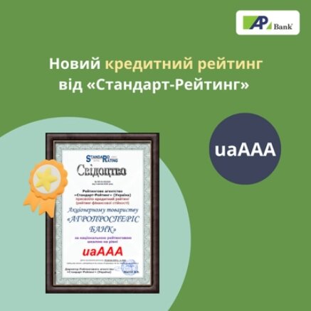 Свидетельство о новом кредитном рейтинге Агропросперис Банка от «Стандарт-Рейтинг»