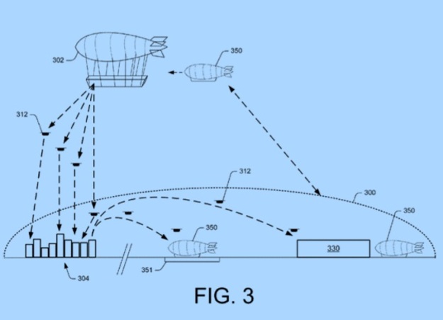 Американский ритейлер Amazon разработал летающий склад, из которого можно высылать дронов для доставки товаров.