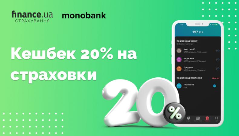 З 1 до 30 червня для всіх клієнтів mono діє кешбек 20% на страховки від Finance.ua.