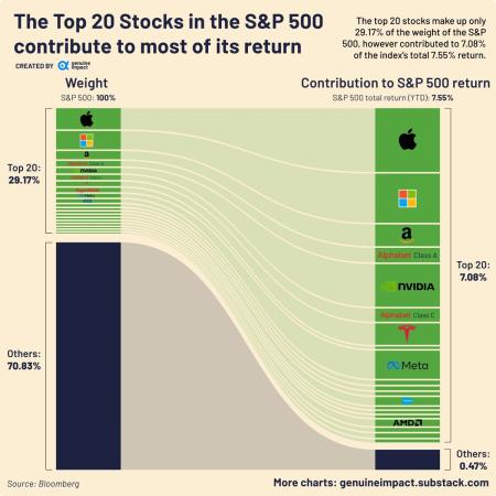Всего 20 компаний, в основном связанные с ИИ, обеспечивают подавляющее большинство доходов S&P 500.