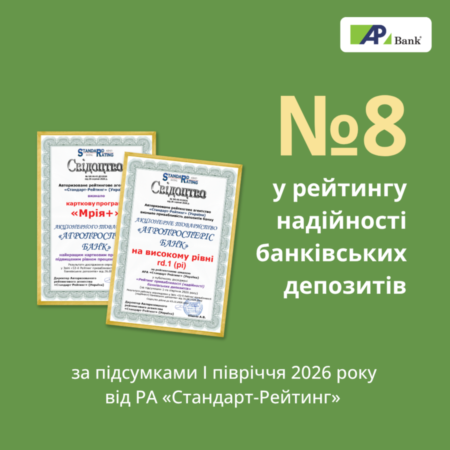 Агропросперіс Банк посів 8 місце серед банків України у 53-му Рейтингу привабливості (надійності) банківських депозитів від «Стандарт-Рейтинг» за підсумками І півріччя 2026 року.